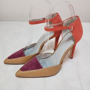 Retro Mod Colorblock Pointed Toe Stiletto Heels 6 Orange Purple Camel Suede